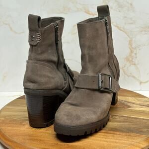 UGG Fern Waterproof Taupe Suede Moto Heeled Buckle Boots Women's 7 Combat Rugged